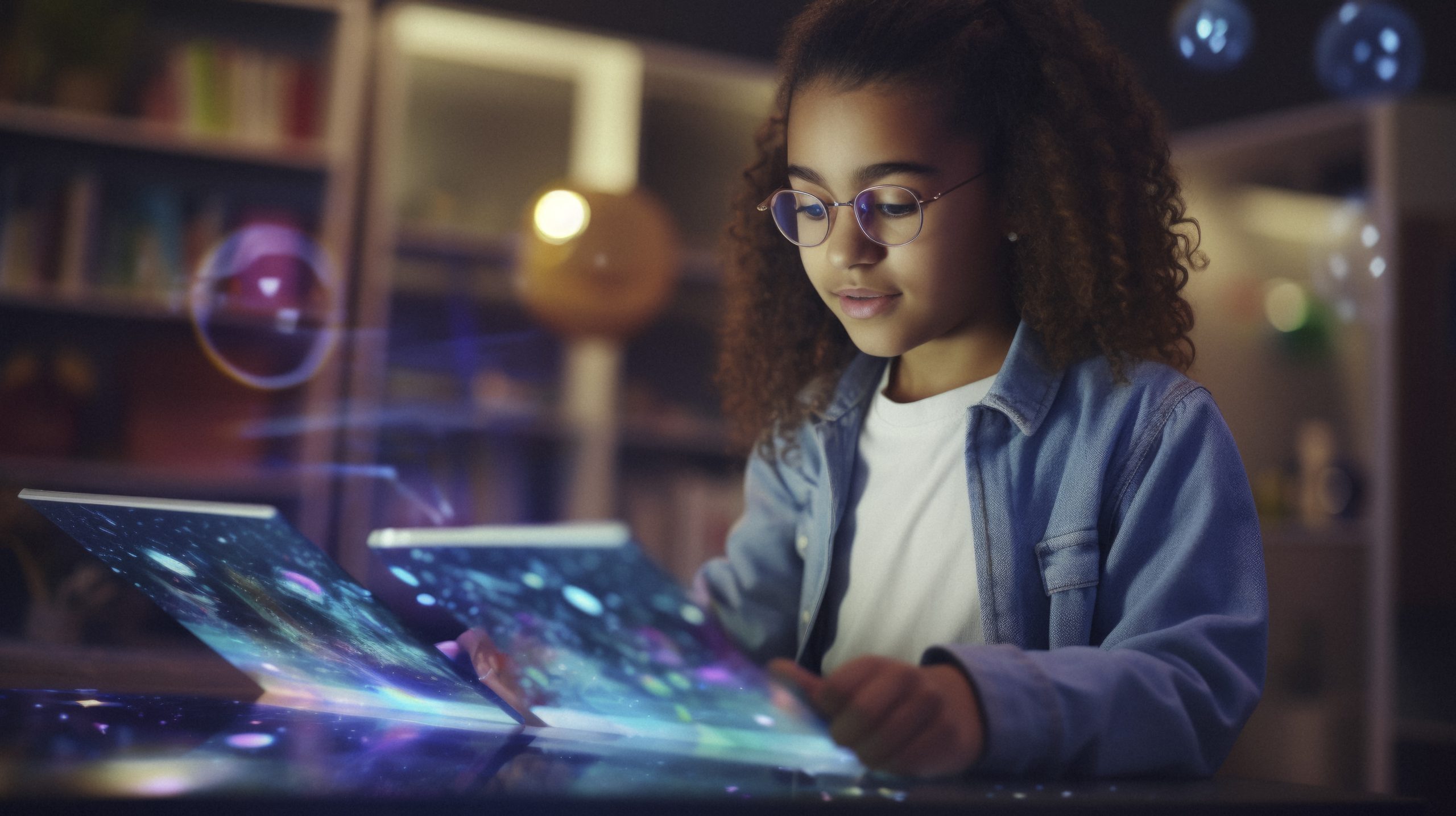 A young biracial girl, one side of her face illuminated by the glow of a holographic tablet displaying educational content, symbolizing the seamless integration of technology into everyday learning experiences. Realistic, cinematic photo, photography, cinematic tones --ar 16:9 --v 5.2 Job ID: f6206335-833b-4883-b292-bd3a06c148da